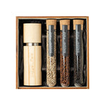 Maxi dárková sada – velký mlýnek (20 cm) + 3 druhy Kampotského pepře v českém skle (3× 70 g)