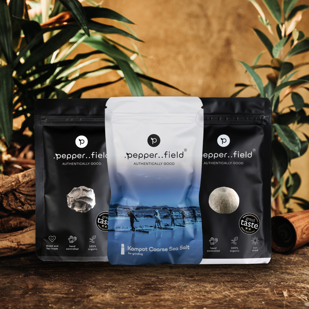 Set: Černý a bílý Kampotský pepř, hrubozrnná Kampotská sůl
