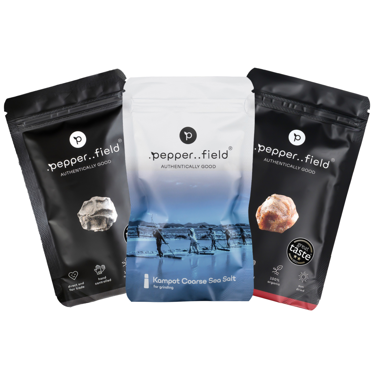 Set: Černý a červený Kampotský pepř, hrubozrnná Kampotská sůl