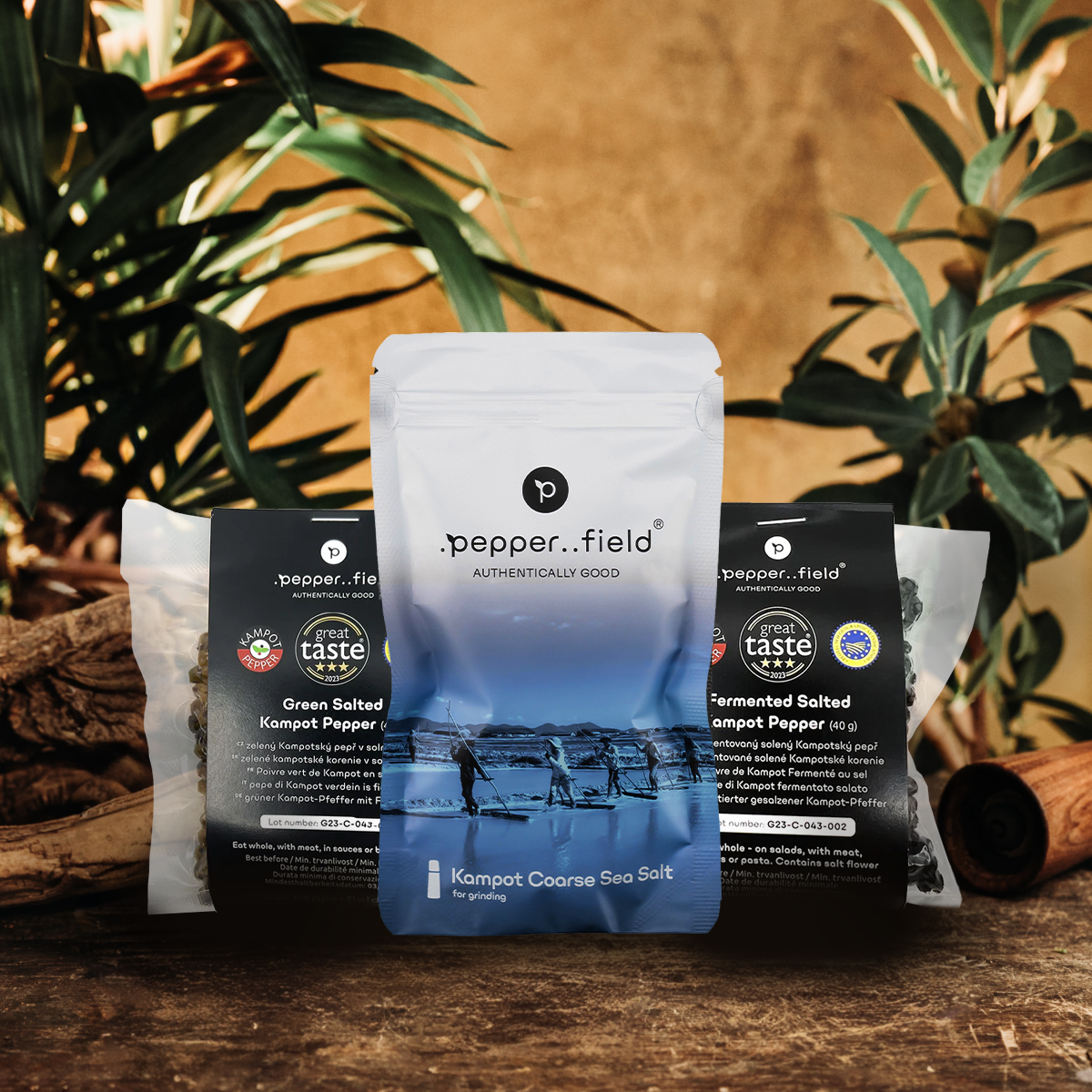 Set: Fermentovaný a zelený Kampotský pepř, hrubozrnná Kampotská sůl