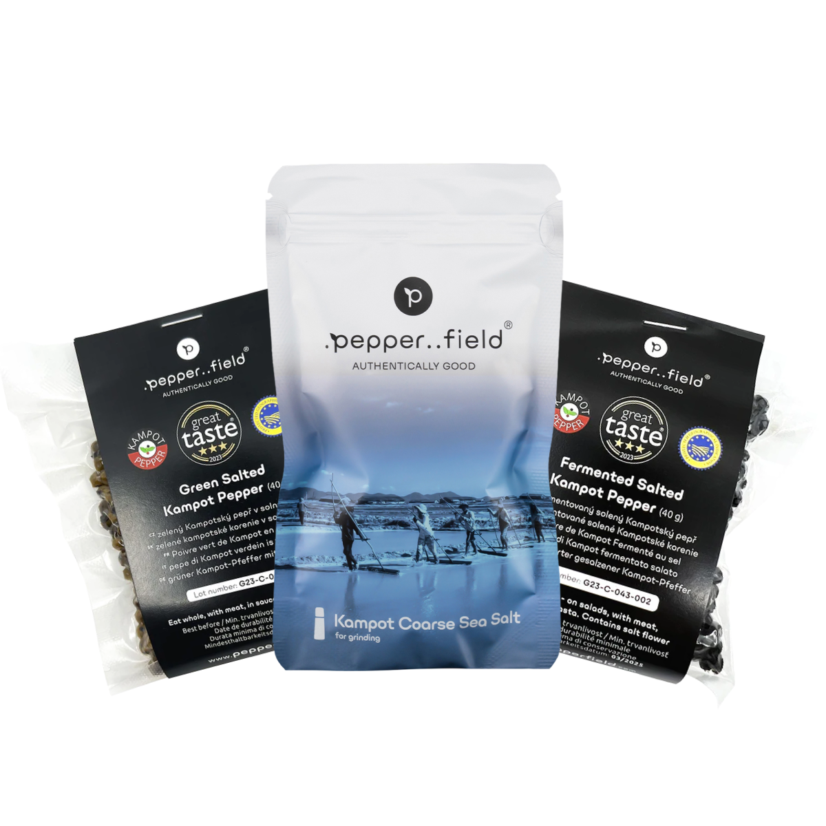 Set: Fermentovaný a zelený Kampotský pepř, hrubozrnná Kampotská sůl