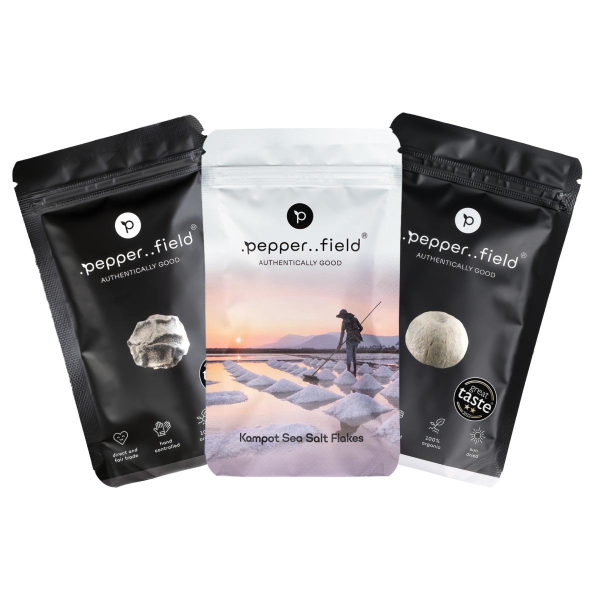 Set: Černý a bílý Kampotský pepř, solné pyramidy (Salt Flakes)