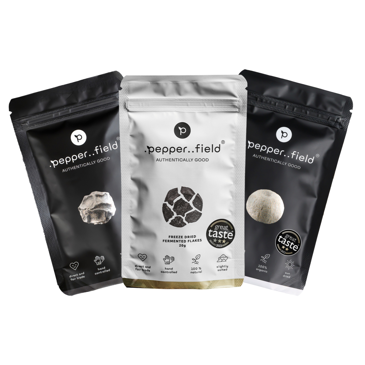 Set: Černý a bílý Kampotský pepř, lyofilizované vločky fermentovaného Kampotské pepře (Pepper Flakes)