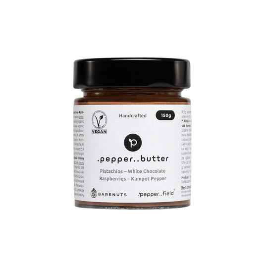 Pistachio butter with white chocolate, raspberries and Kampot pepper (150g)