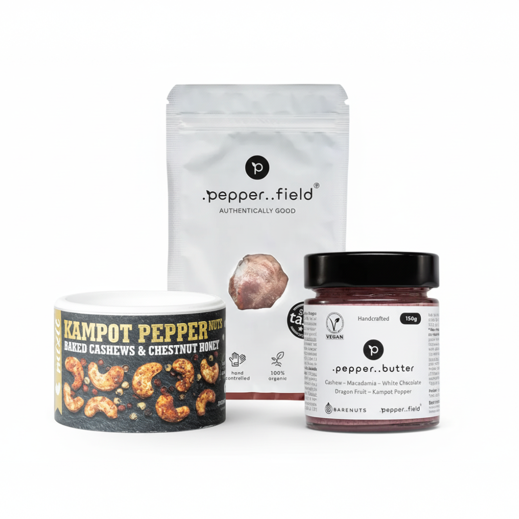 Valentýnský kešu balíček + 20 g červeného Kampotského pepře jako dárek
