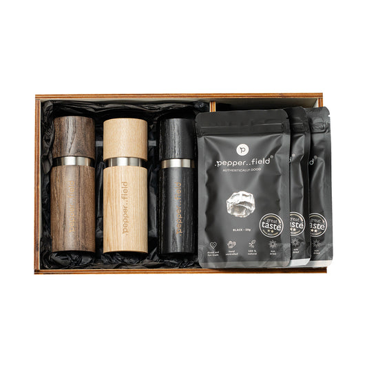 Kampot pepper - set of 3 grinders and 3 doypacks (3x50g) in a huge gift case