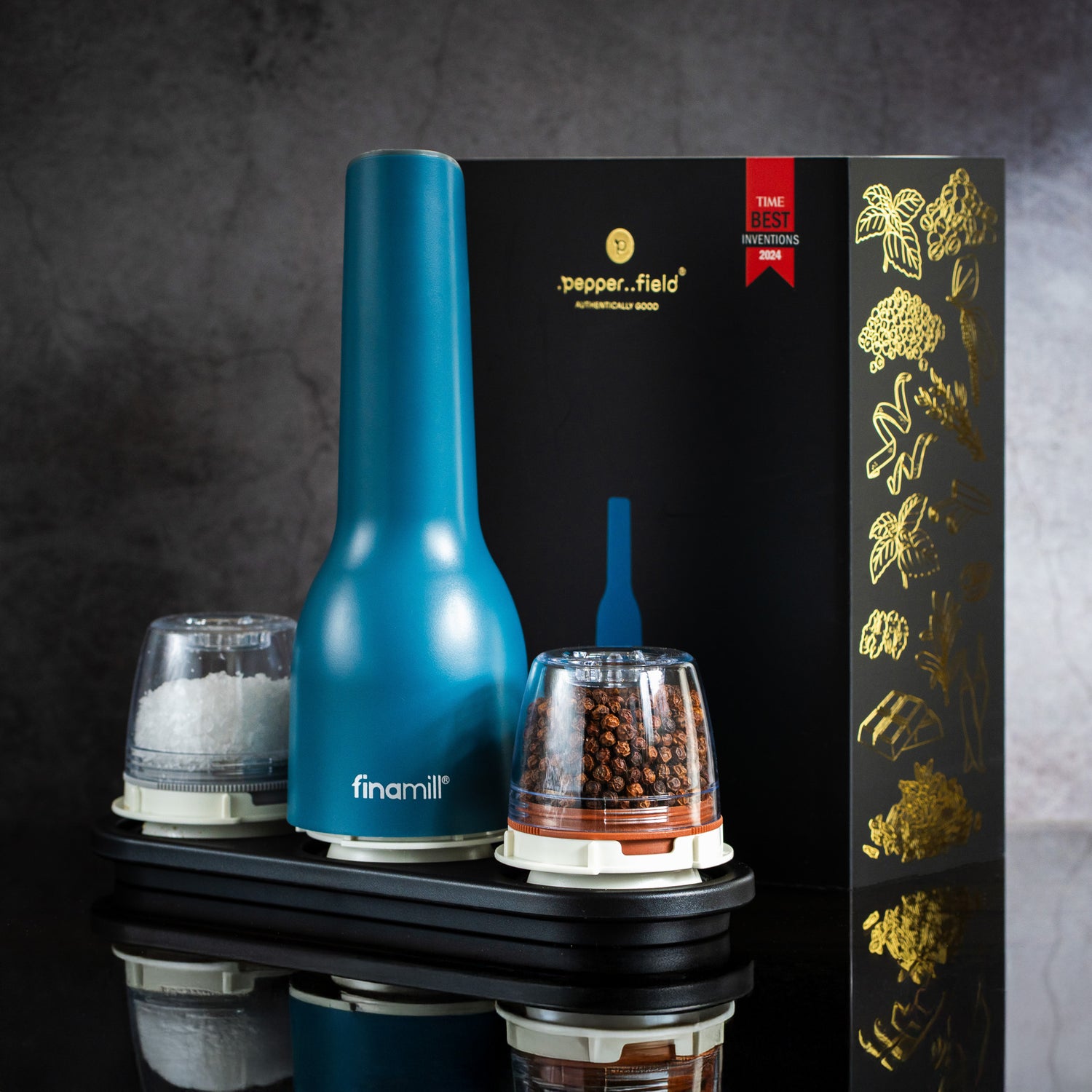 Dárková sada FinaMill – matný modrý dobíjecí mlýnek se dvěma zásobníky