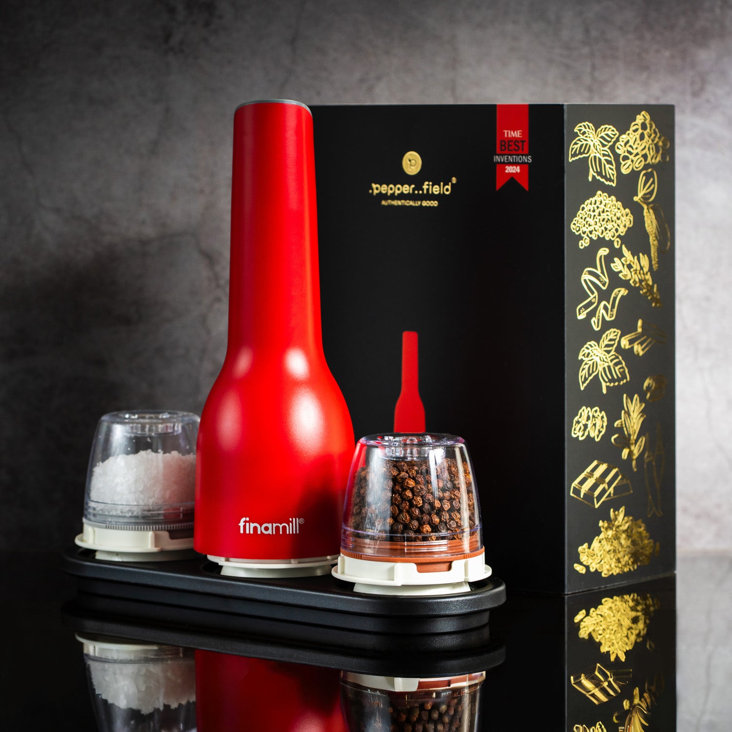 Dárková sada FinaMill – matný červený dobíjecí mlýnek se dvěma zásobníky