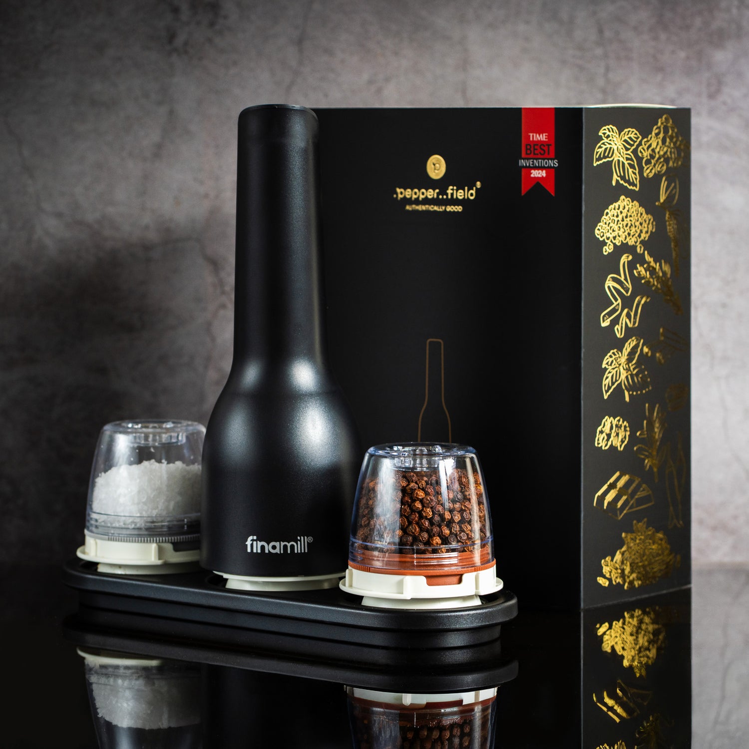 Dárková sada FinaMill – matný černý dobíjecí mlýnek se dvěma zásobníky