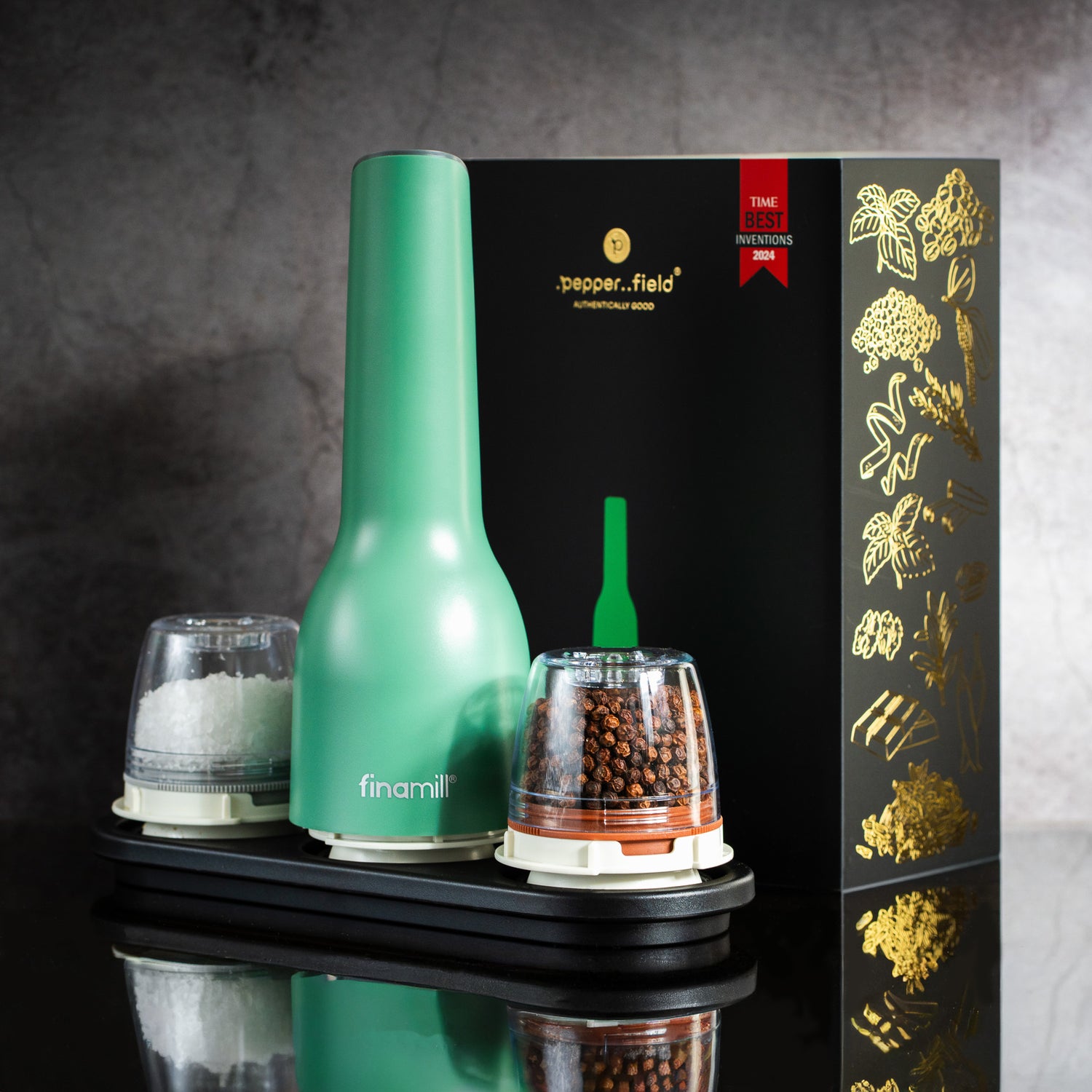 Dárková sada FinaMill – matný zelený dobíjecí mlýnek se dvěma zásobníky