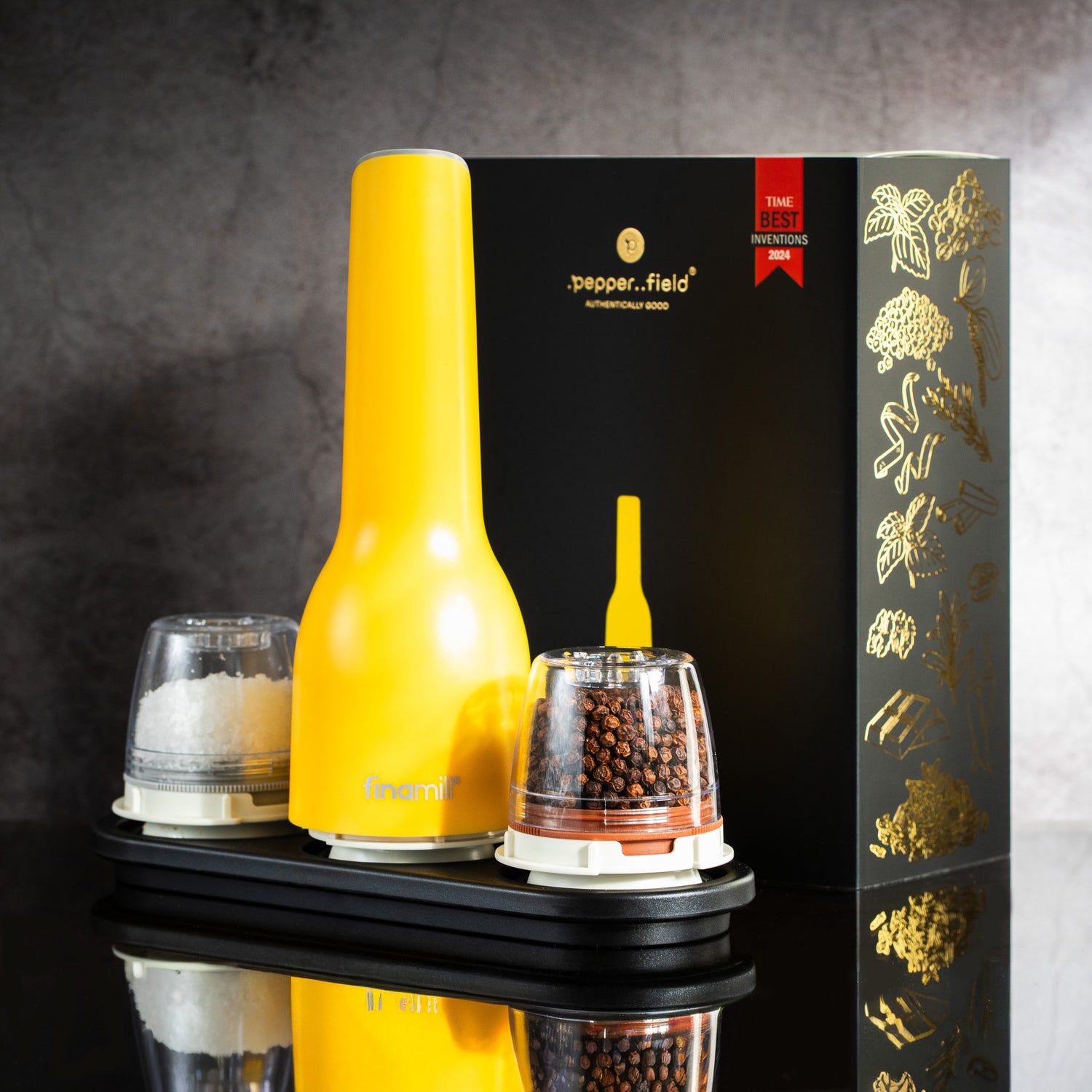 Dárková sada FinaMill – matný žlutý dobíjecí mlýnek se dvěma zásobníky