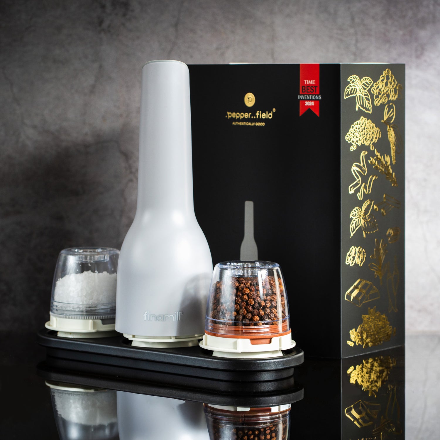Dárková sada FinaMill – matný šedý dobíjecí mlýnek se dvěma zásobníky