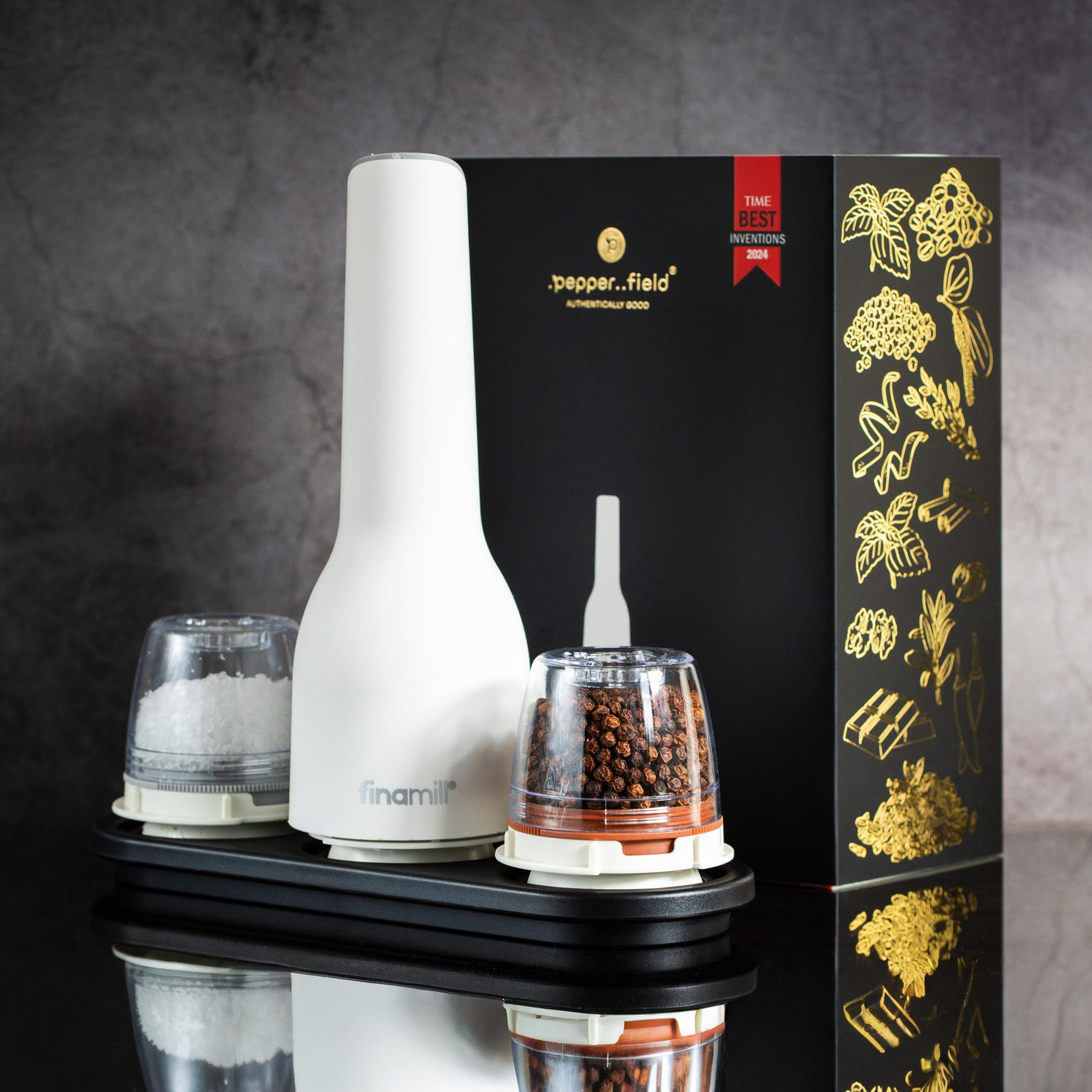 Dárková sada FinaMill – matný bílý dobíjecí mlýnek se dvěma zásobníky