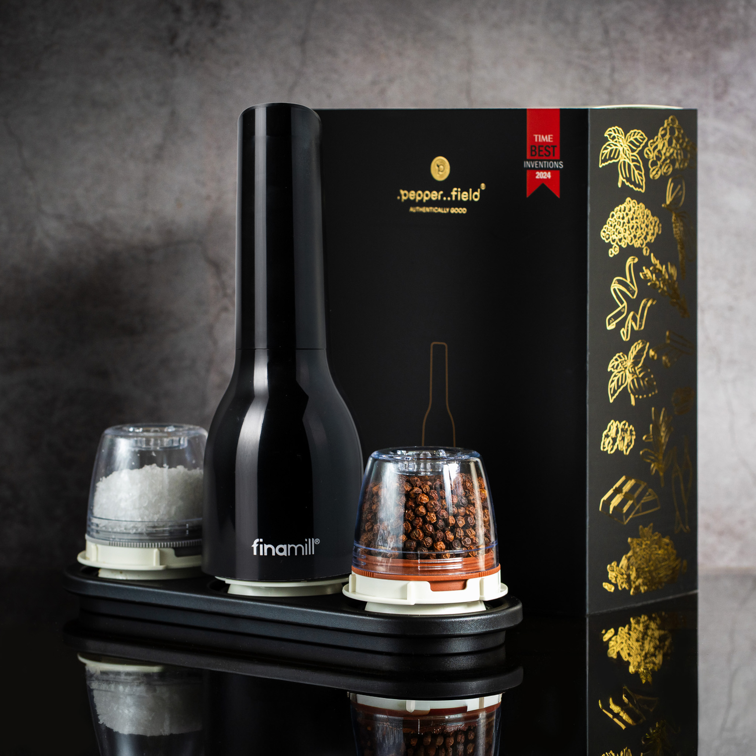 Dárková sada FinaMill – lesklý černý bateriový mlýnek se dvěma zásobníky