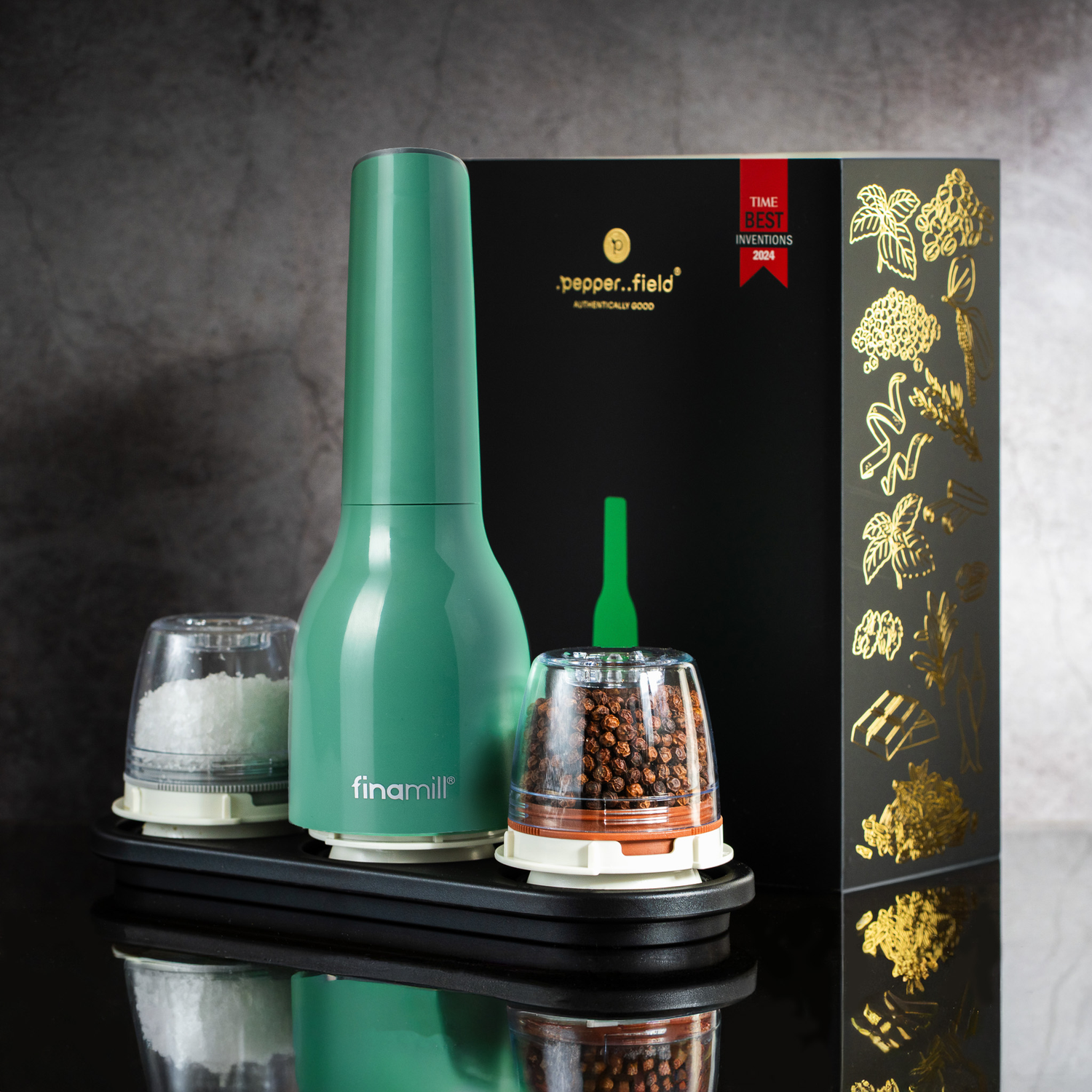 Dárková sada FinaMill – lesklý zelený bateriový mlýnek se dvěma zásobníky