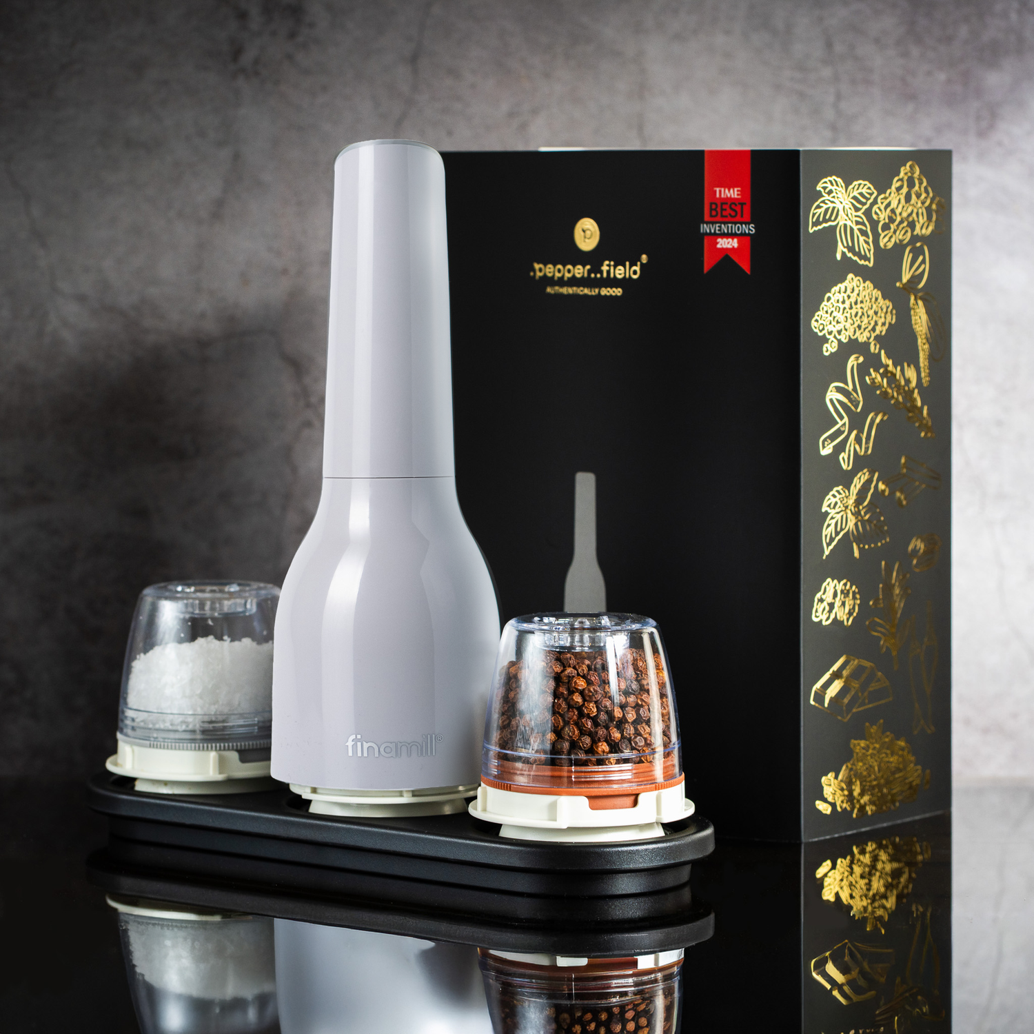 Dárková sada FinaMill – lesklý šedý bateriový mlýnek se dvěma zásobníky