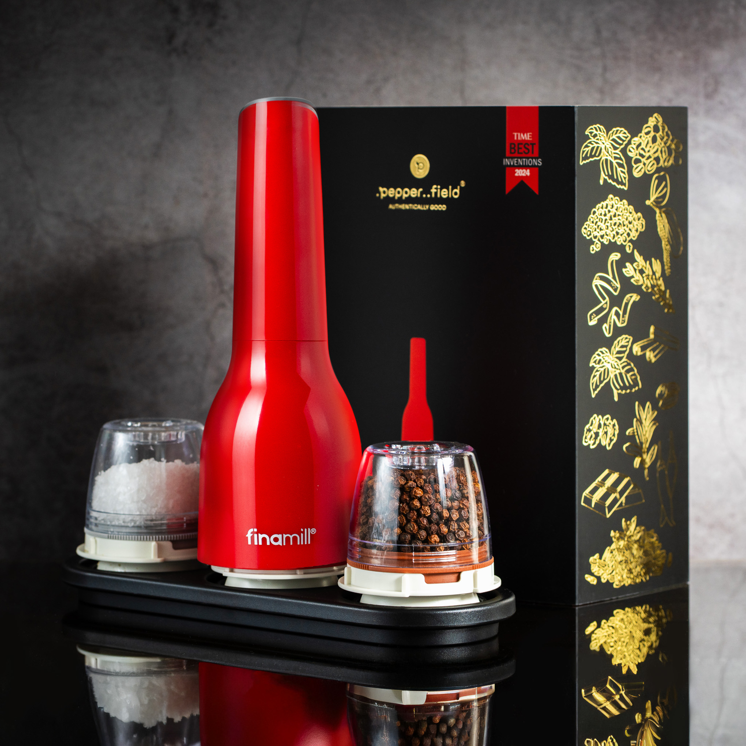 Dárková sada FinaMill – lesklý červený bateriový mlýnek se dvěma zásobníky