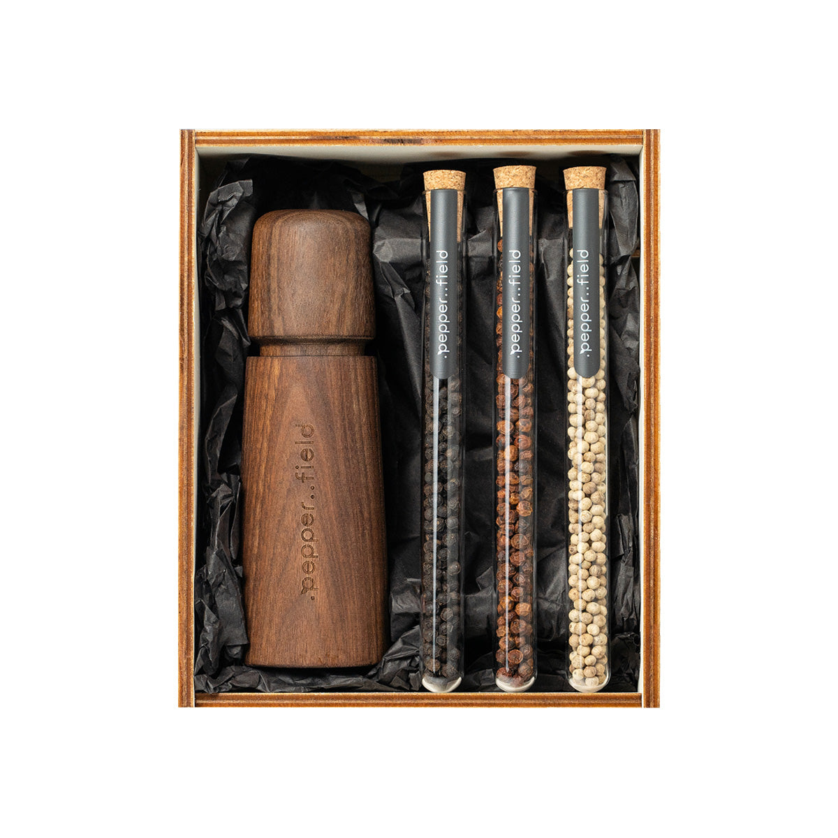 Škandinávsky mlynček so sadou trubičiek s korením Kampot v drevenej darčekovej krabičke (3x10g)